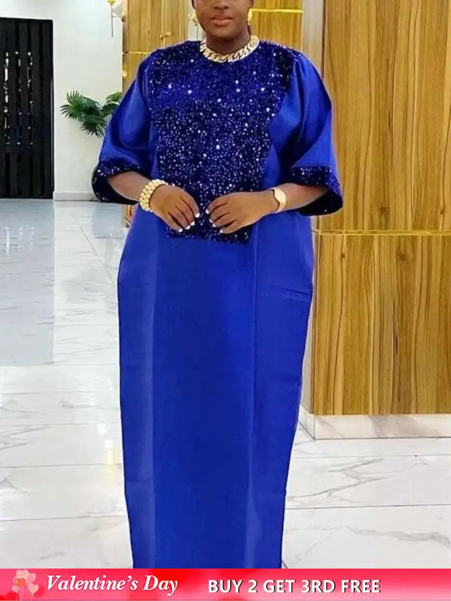 African Shiny Sequined Boubou Dresses Women Kaftan Church Clothing