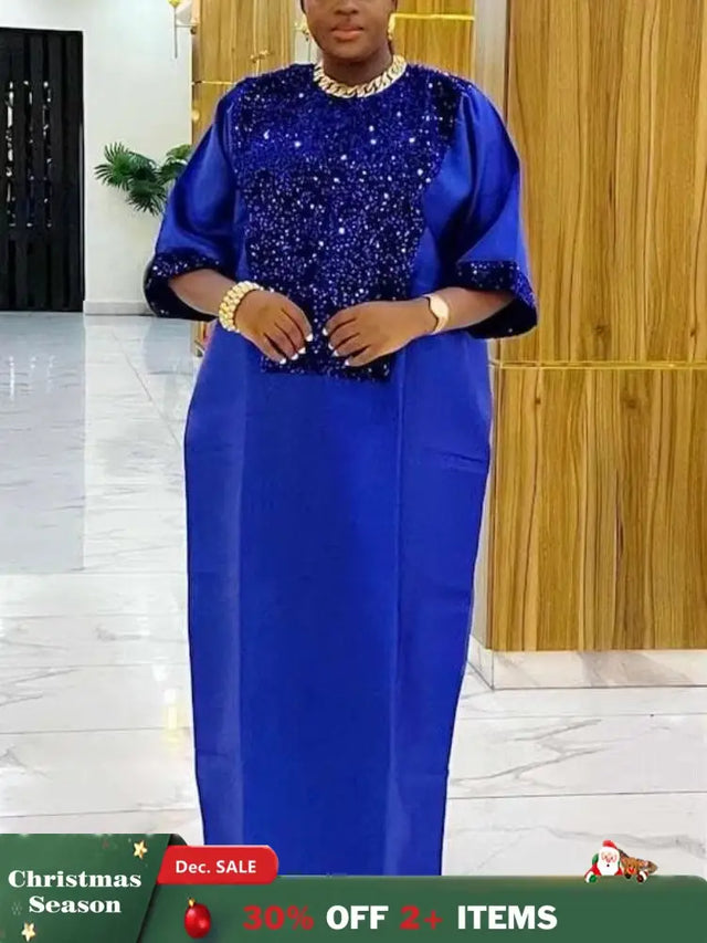 African Shiny Sequined Boubou Dresses Women Kaftan Church Clothing