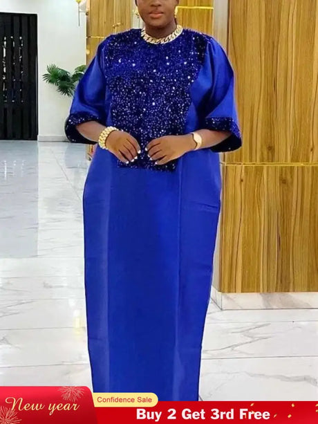African Shiny Sequined Boubou Dresses Women Kaftan Church Clothing