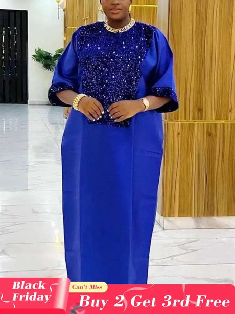 African Shiny Sequined Boubou Dresses Women Kaftan Church Clothing