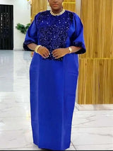 African Shiny Sequined Boubou Dresses Women Kaftan Church Clothing Blue / One Size