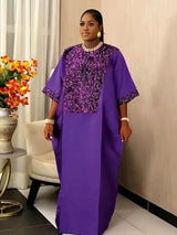African Shiny Sequined Boubou Dresses Women Kaftan Church Clothing Purple / One Size