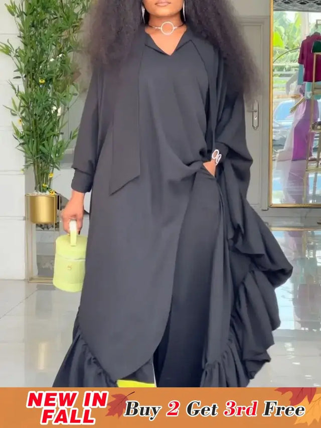 African Two Pieces Set Elegant Bubu Dresses Women High Waist Wide Leg Pants
