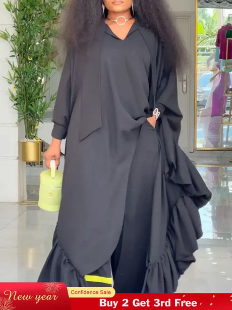 African Two Pieces Set Elegant Bubu Dresses Women High Waist Wide Leg Pants