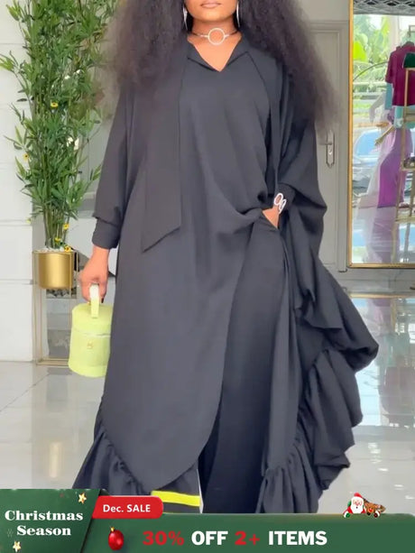 African Two Pieces Set Elegant Bubu Dresses Women High Waist Wide Leg Pants