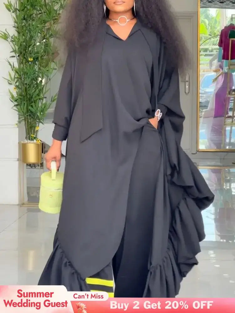 African Two Pieces Set Elegant Bubu Dresses Women High Waist Wide Leg Pants