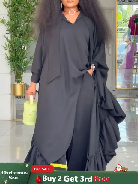 African Two Pieces Set Elegant Bubu Dresses Women High Waist Wide Leg Pants