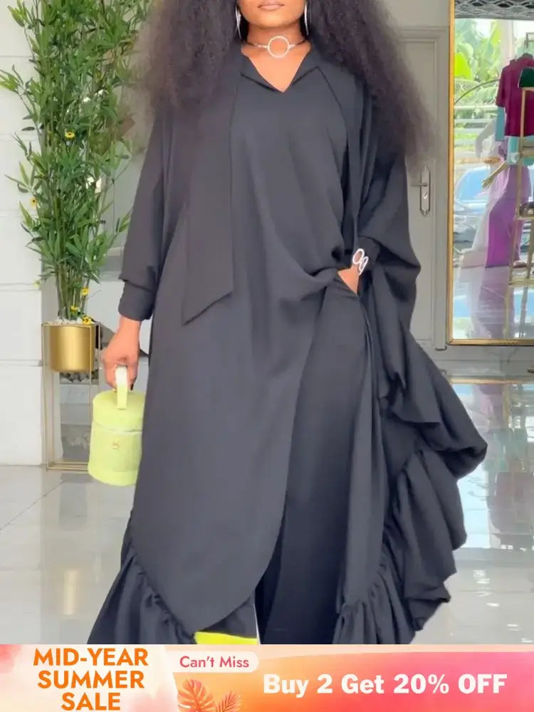 African Two Pieces Set Elegant Bubu Dresses Women High Waist Wide Leg Pants