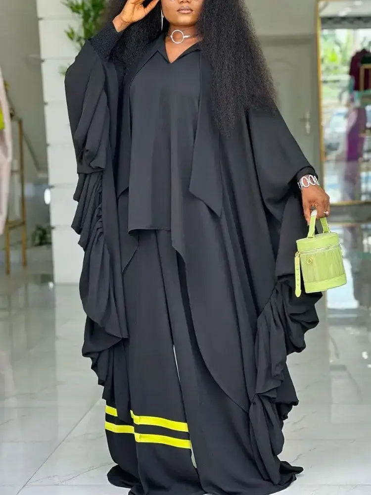 African Two Pieces Set Elegant Bubu Dresses Women High Waist Wide Leg Pants