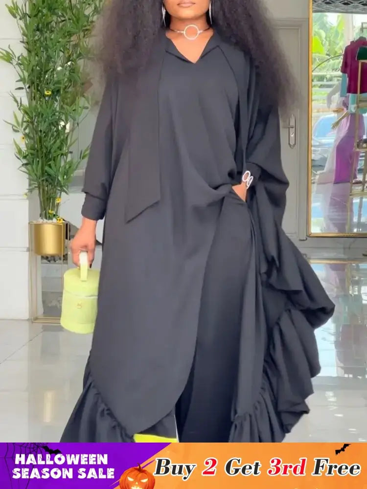 African Two Pieces Set Elegant Bubu Dresses Women High Waist Wide Leg Pants