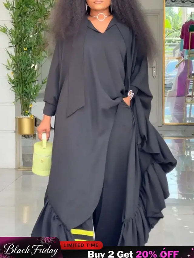 African Two Pieces Set Elegant Bubu Dresses Women High Waist Wide Leg Pants