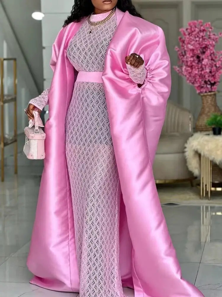 African Two Pieces Set Elegant Women Bubu Dresses Lace Inside Dress