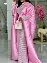 African Two Pieces Set Elegant Women Bubu Dresses Lace Inside Dress Pink / S