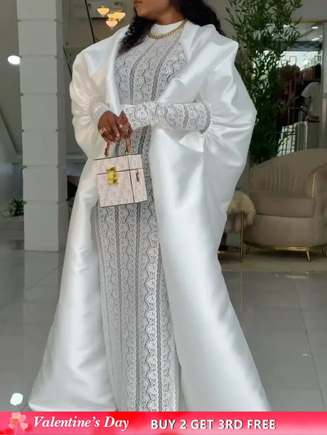 African Two Pieces Set Elegant Women Bubu Dresses Lace Inside Dress WHITE / S