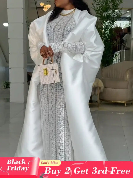 African Two Pieces Set Elegant Women Bubu Dresses Lace Inside Dress WHITE / S