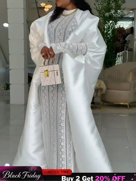 African Two Pieces Set Elegant Women Bubu Dresses Lace Inside Dress WHITE / S