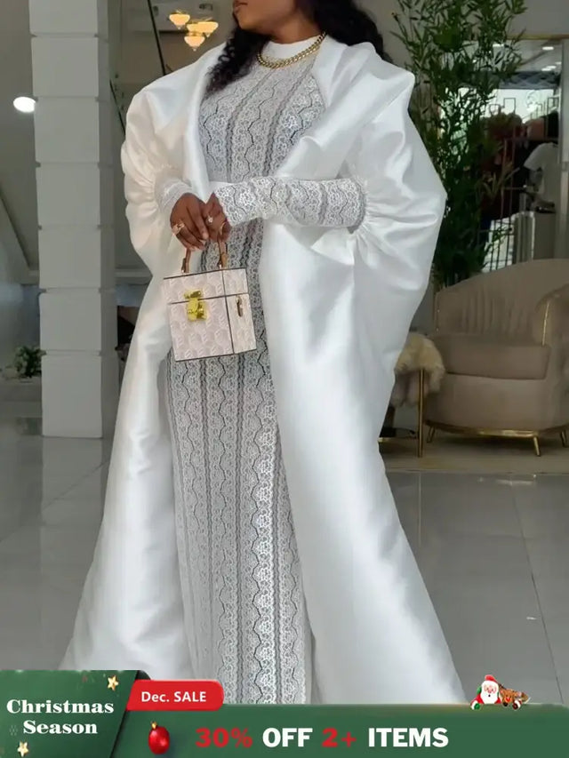 African Two Pieces Set Elegant Women Bubu Dresses Lace Inside Dress WHITE / S