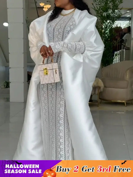 African Two Pieces Set Elegant Women Bubu Dresses Lace Inside Dress WHITE / S