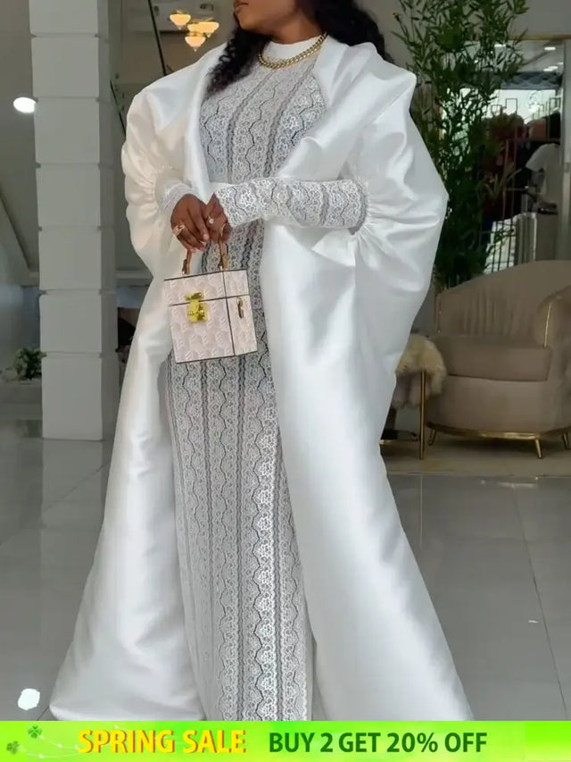 African Two Pieces Set Elegant Women Bubu Dresses Lace Inside Dress WHITE / S