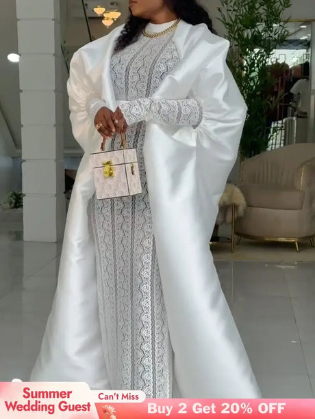 African Two Pieces Set Elegant Women Bubu Dresses Lace Inside Dress WHITE / S