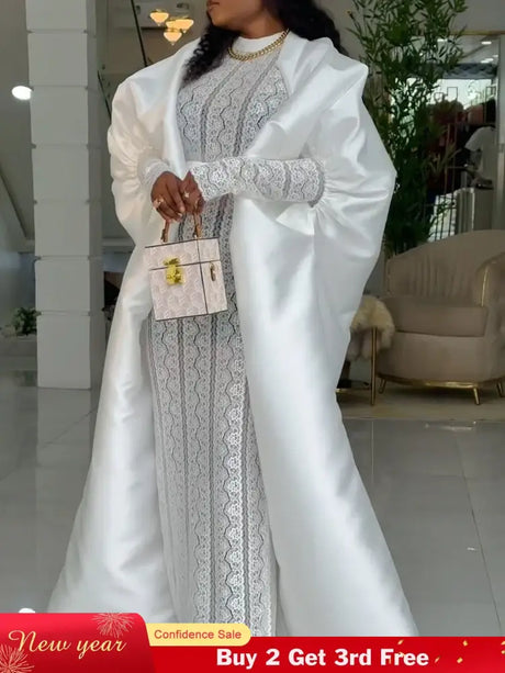 African Two Pieces Set Elegant Women Bubu Dresses Lace Inside Dress WHITE / S