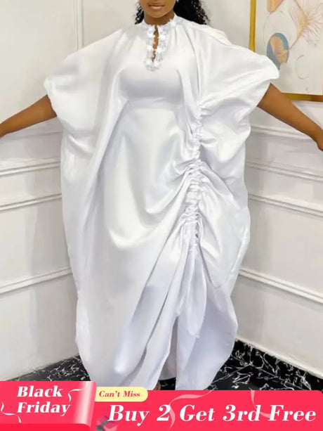 African Women Elegant Shiny Boubou Dresses Loose Traditional Clothing White / One Size