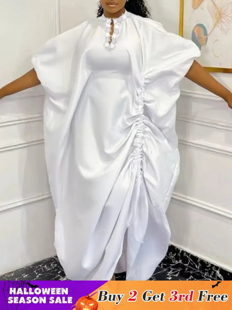 African Women Elegant Shiny Boubou Dresses Loose Traditional Clothing White / One Size