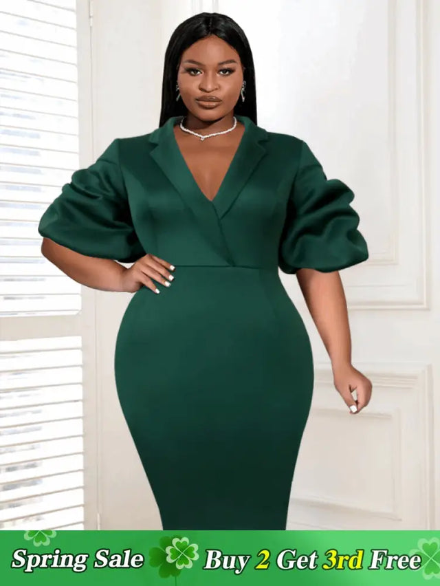 AOMEI 2023 V Neck Short Puff Sleeve Green Dress