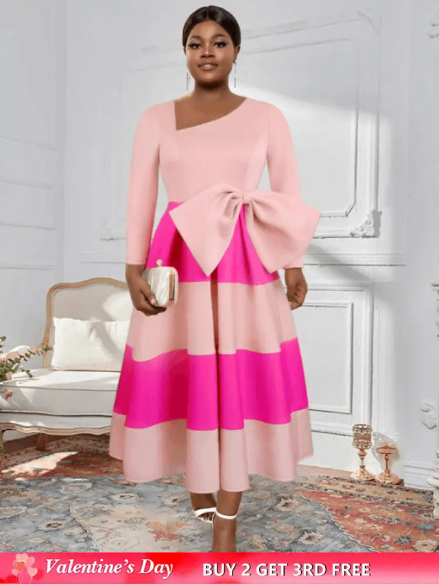 AOMEI Asymmetrical Collar Pink Dress A Line Midi