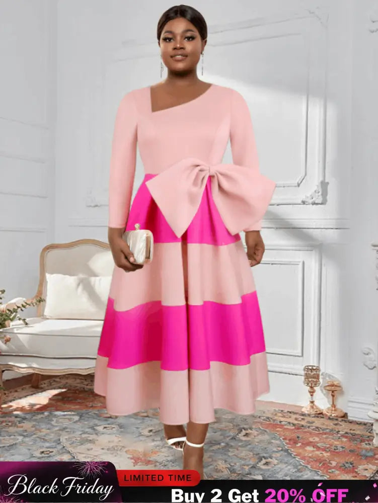 AOMEI Asymmetrical Collar Pink Dress A Line Midi