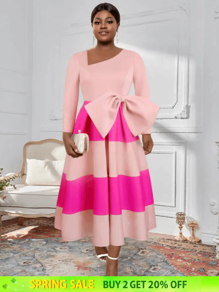 AOMEI Asymmetrical Collar Pink Dress A Line Midi