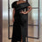 AOMEI Bare Shoulder V Neck Puff Sleeve Dresse Maxi Black / S