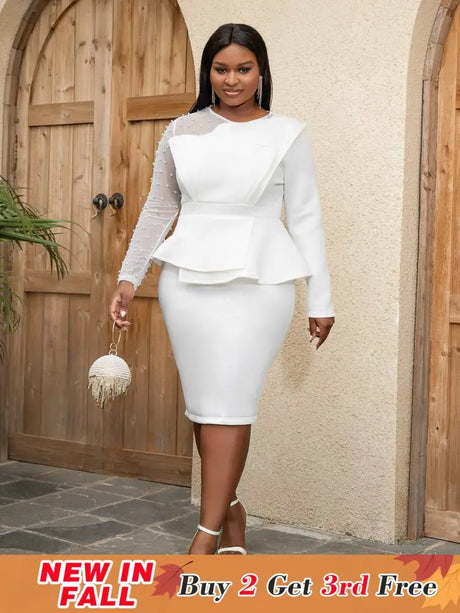 AOMEI Beading Mesh Patchwork Office Dress Midi