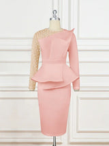 AOMEI Beading Mesh Patchwork Office Dress Midi Pink / M