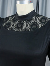 AOMEI Black Lace Patchwork Puff Sleeve Maxi Dress