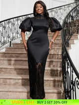 shiny black lace patchwork dress for women