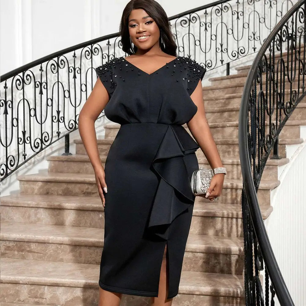 AOMEI Black V Neck Dress Women Sleeveless Beading Diamonds High Waist Ruffles