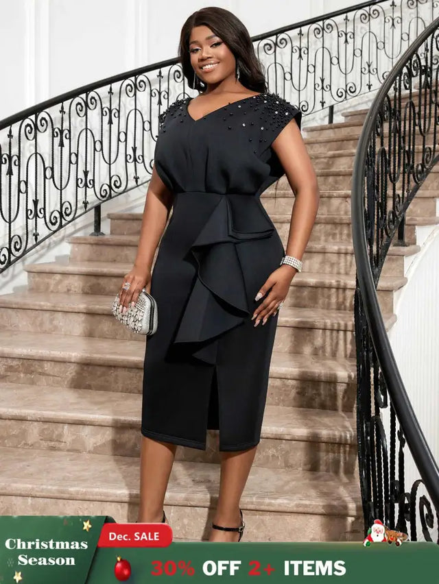 AOMEI Black V Neck Dress Women Sleeveless Beading Diamonds High Waist Ruffles