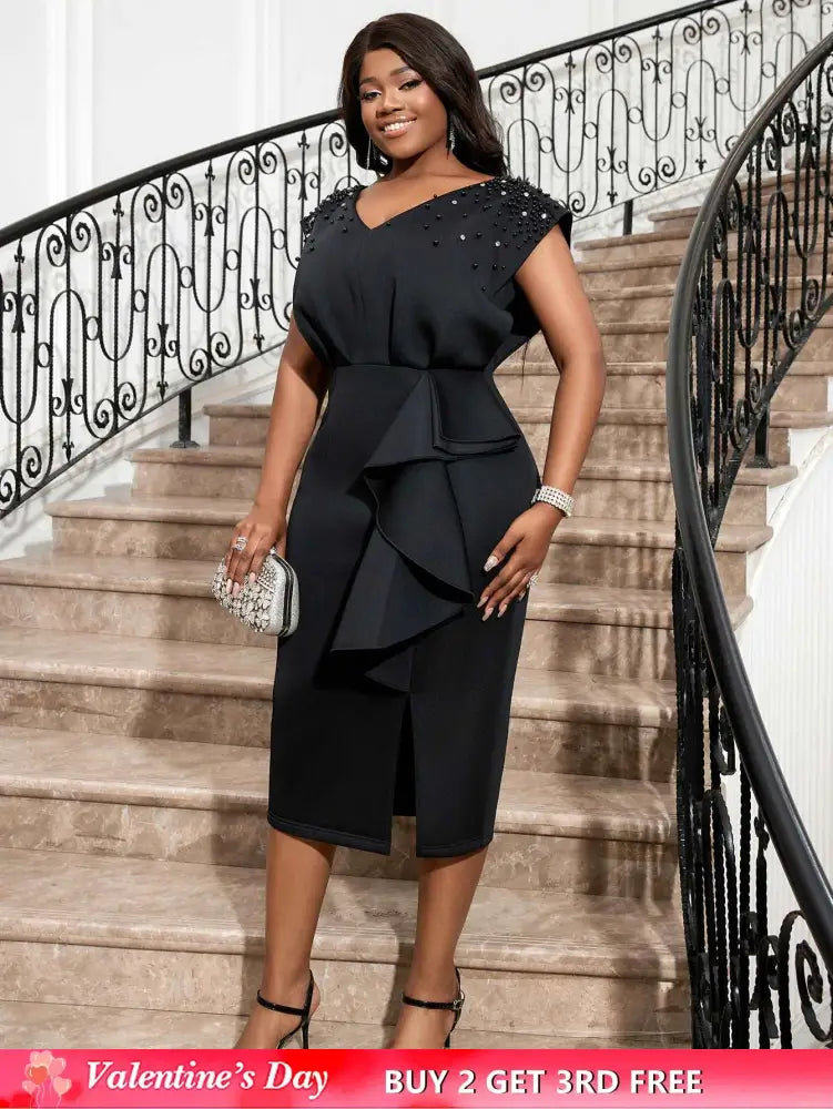 AOMEI Black V Neck Dress Women Sleeveless Beading Diamonds High Waist Ruffles