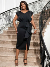 AOMEI Black V Neck Dress Women Sleeveless Beading Diamonds High Waist Ruffles