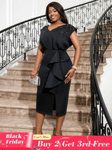 AOMEI Black V Neck Dress Women Sleeveless Beading Diamonds High Waist Ruffles