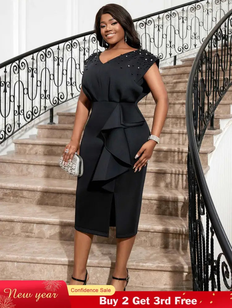 AOMEI Black V Neck Dress Women Sleeveless Beading Diamonds High Waist Ruffles