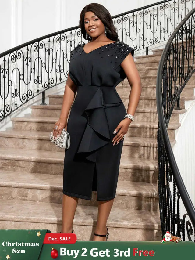 AOMEI Black V Neck Dress Women Sleeveless Beading Diamonds High Waist Ruffles