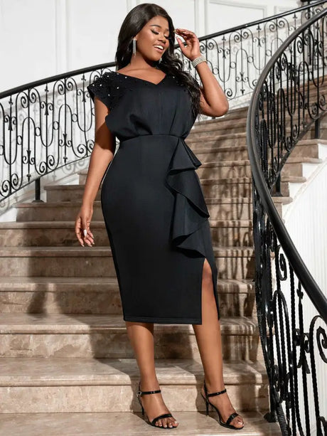 AOMEI Black V Neck Dress Women Sleeveless Beading Diamonds High Waist Ruffles