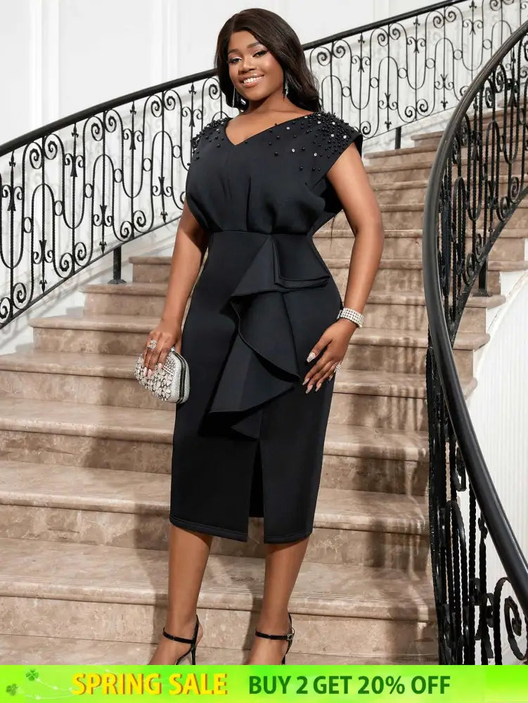 AOMEI Black V Neck Dress Women Sleeveless Beading Diamonds High Waist Ruffles