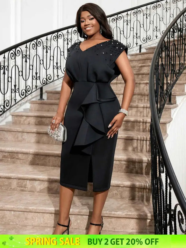 AOMEI Black V Neck Dress Women Sleeveless Beading Diamonds High Waist Ruffles