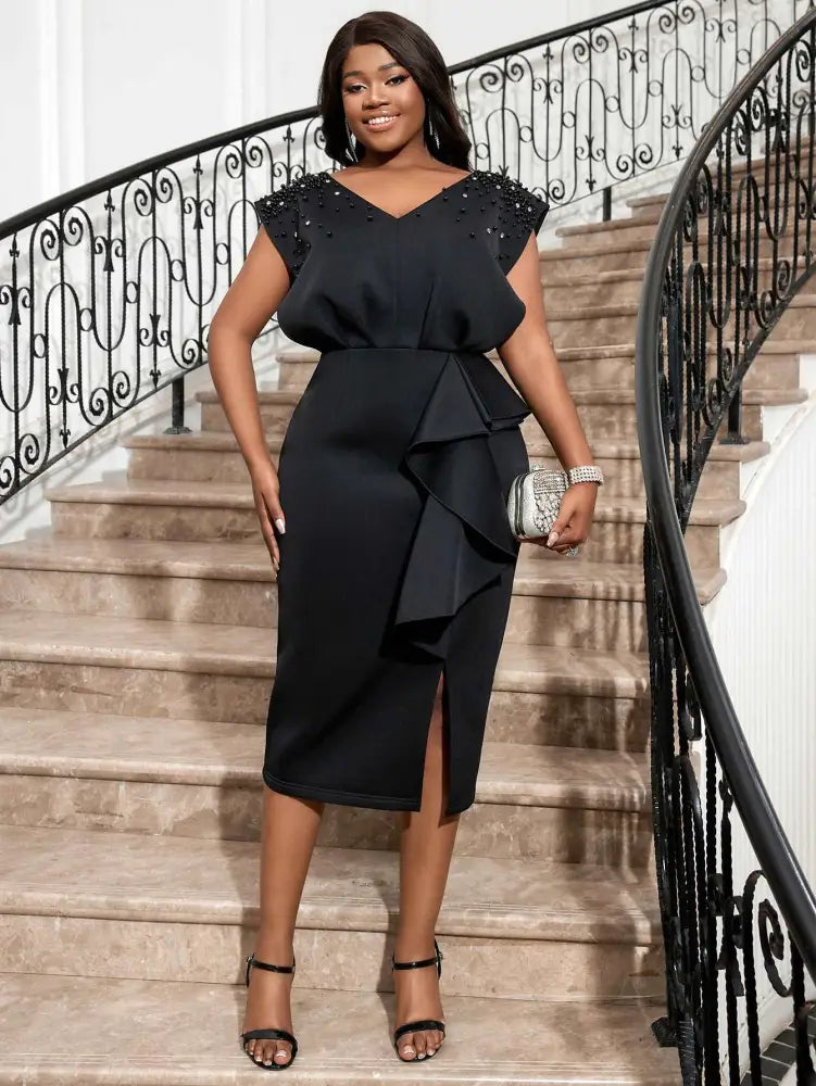 AOMEI Black V Neck Dress Women Sleeveless Beading Diamonds High Waist Ruffles