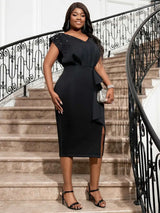 AOMEI Black V Neck Dress Women Sleeveless Beading Diamonds High Waist Ruffles