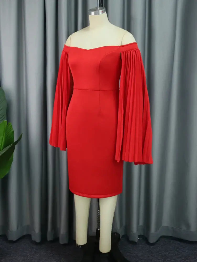 AOMEI Cloack Sleeve Party Dresses Off The Shoulder Red Bodycon Knee Length