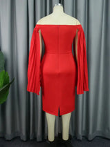 AOMEI Cloack Sleeve Party Dresses Off The Shoulder Red Bodycon Knee Length